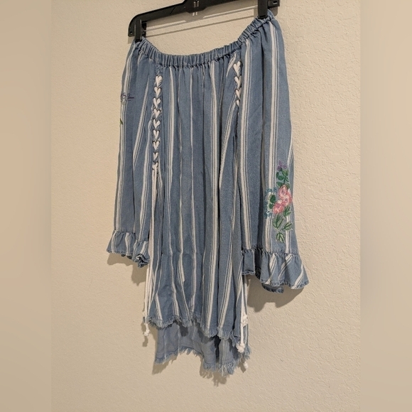 Ali Miles Blue Stripe Floral Embroidered Tie Detail 100% Tencel Tunic Bohemian - Picture 3 of 10